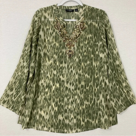 Susan Graver Artisan Abstract Print Soft Lightweight Embellished Top size 12 - Picture 1 of 11